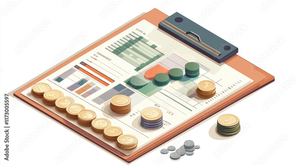 A business chart on a clipboard with coins, corporate finance theme, isometric design, isolated on white background A business chart on a clipboard with coins, corporate finance theme, isometric design, isolated on white background