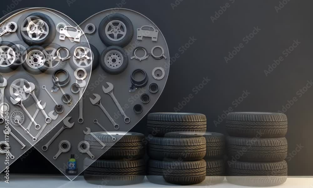 Professional men's holiday concept. Automotive parts and tools in the shape of a heart. wheels, rims, wrenches, and bolts against a dark copy space background. Car maintenance and repair