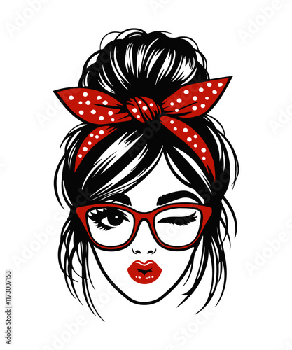 A vector illustration of a messy bun. It features a woman's face with red lips, red headband with dots tied into a bow at the top, and large red-framed glasses. 