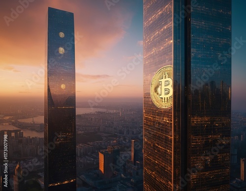 A stunning sunset over modern skyscrapers, featuring illuminated Bitcoin symbols on their glass facades.