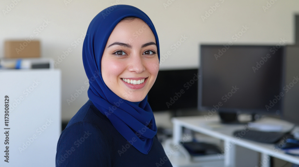 Australian business woman in blue hijab work at office with computers in desk