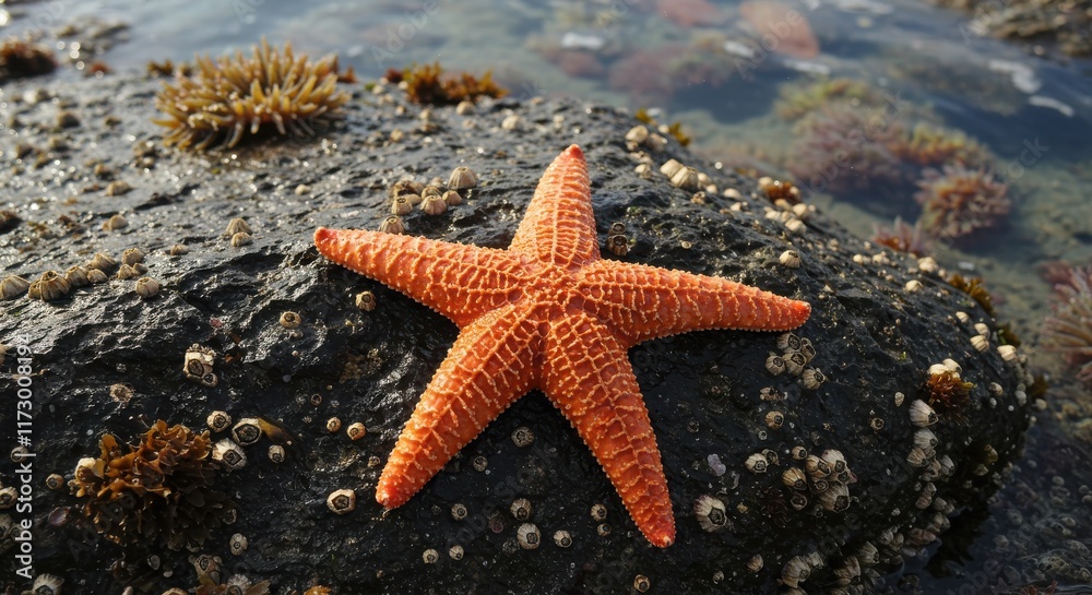 A starfish resting on a tide pool rock,A vibrant starfish rests on wet stones under a stunning sunset. A starfish resting on a tide pool rock,A vibrant starfish rests on wet stones under a stunning sunset.