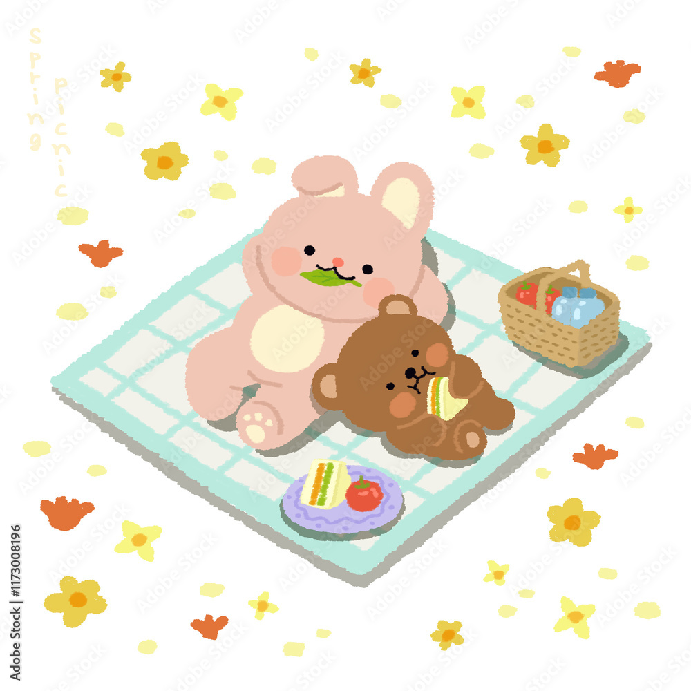 Illustration of a rabbit and a puppy enjoying a spring picnic Illustration of a rabbit and a puppy enjoying a spring picnic