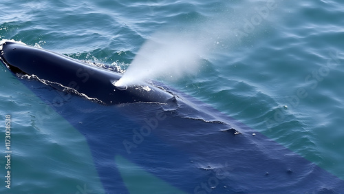 Bryde's Whale quickly swims to the water's surface to exhale by blowing the water into the air. There are many Bryde's Whales living in the gulf of Thailand at Bang Tabun, Petchaburi, Thailand. photo