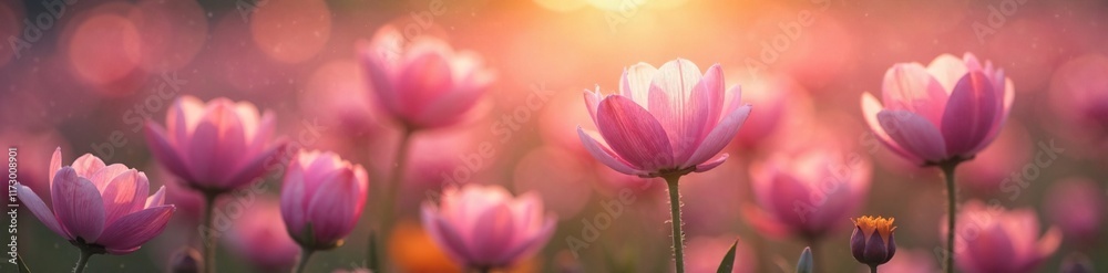 Soft pink hues illuminate delicate petals of flowers, field, nature Soft pink hues illuminate delicate petals of flowers, field, nature
