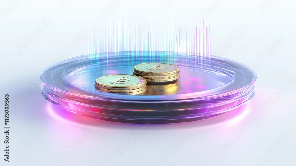 A futuristic holographic graph with coins below, innovation and finance concept, tech-inspired design, isolated on white background A futuristic holographic graph with coins below, innovation and finance concept, tech-inspired design, isolated on white background