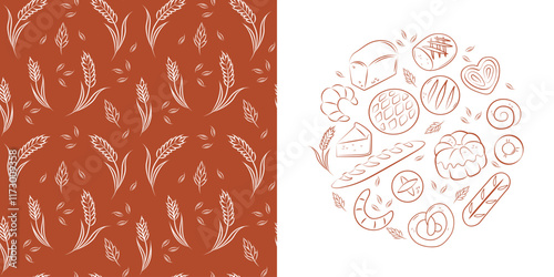 Ears and grains in doodle style. Seamless pattern background. Pastry and bread round illustration. Design set for bakery.