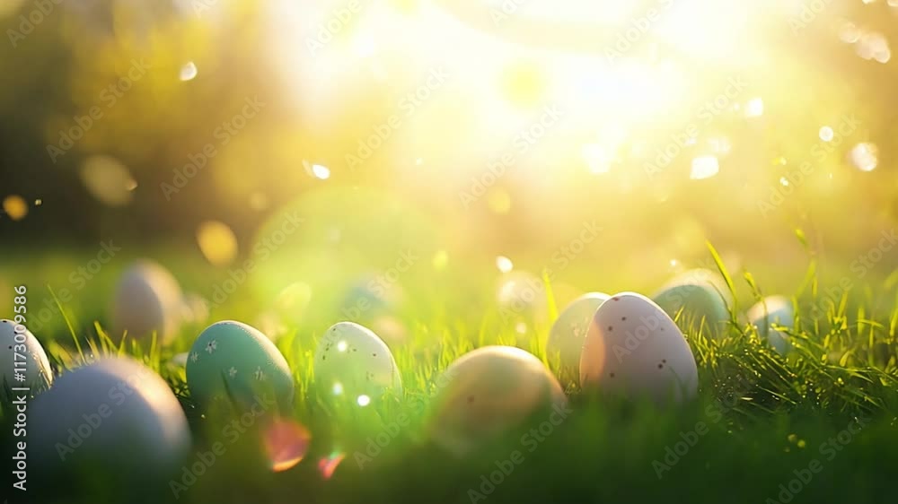 Easter egg hunt, Easter eggs on the grass. Easter eggs hidden in grass on sunny day in the spring. Sunny positive climate. Beautiful surroundings and cheerful animation. 4k video Happy Easter holiday