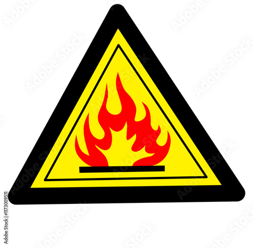 Flammable substances sign. Vector illustration of yellow triangle warning sign with flame fire inside. Attention. Danger zone. Caution flammable materials. Keep away from fire symbol.