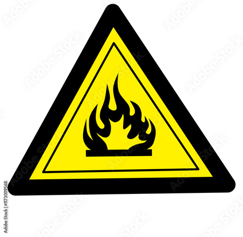 Flammable substances sign. Vector illustration of yellow triangle warning sign with flame fire inside. Attention. Danger zone. Caution flammable materials. Keep away from fire symbol.