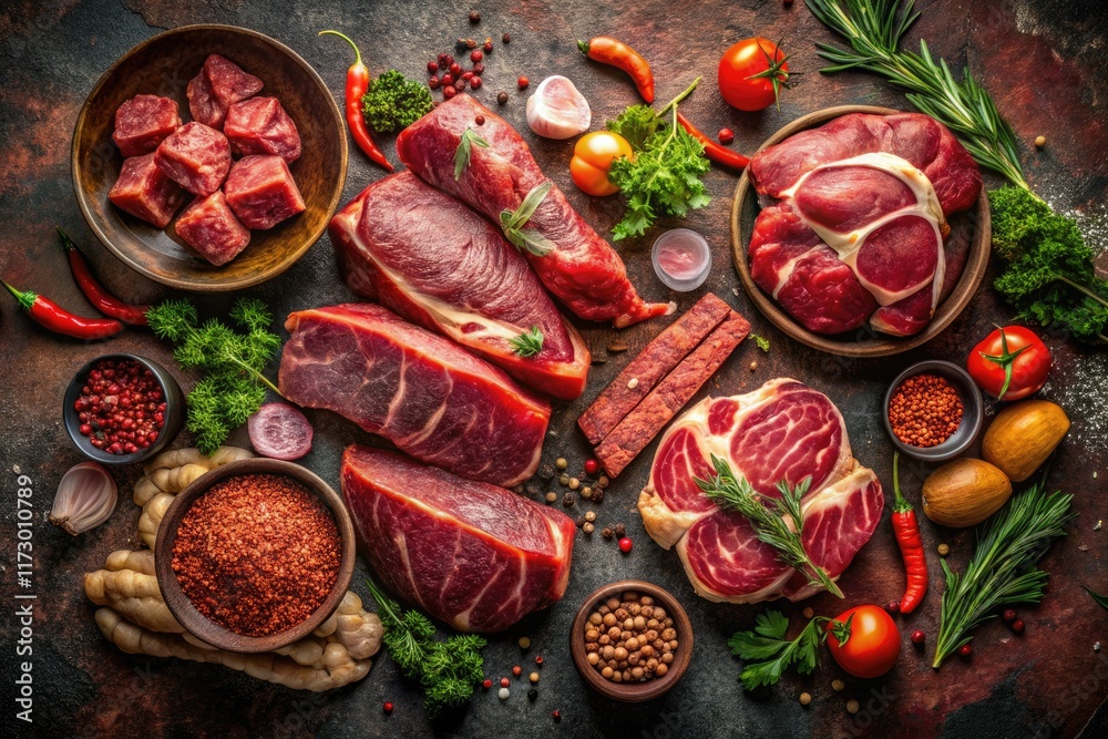 Fototapeta premium Vintage Urban Exploration: Dark Meat Still Life Photography - Assorted Raw Meats & Processed Foods