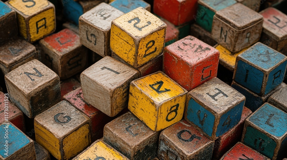 Exploring classic building blocks children's playroom high fidelity imagery vintage environment close-up view faded letters concept Exploring classic building blocks children's playroom high fidelity imagery vintage environment close-up view faded letters concept