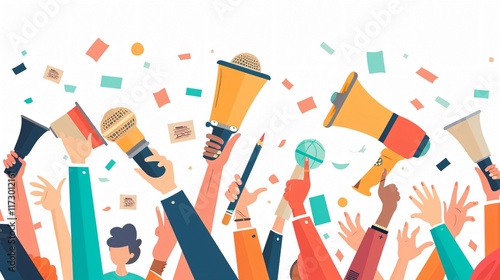 Professional Journalist Day Poster Featuring Hands with Microphone and Megaphone