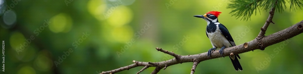 Fototapeta premium Woodpecker perched on a pine branch with its feet tucked in, tree, branch