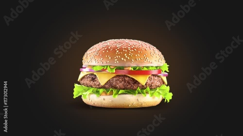 Burger beef, bun, vegetables, looped rotation, black background