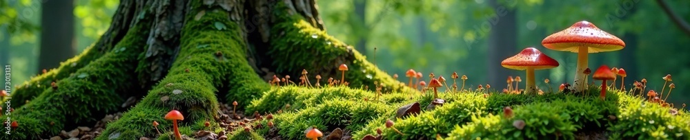 A carpet of moss and lichen under an ancient tree with mushrooms growing from the ground, woodland, forest A carpet of moss and lichen under an ancient tree with mushrooms growing from the ground, woodland, forest