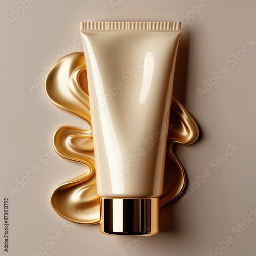 A lusciously cream tube, showcasing a luxurious essence amidst simplicity: smooth golden details reflecting elegance, blank tube no sign of text glass mix and metalic photo