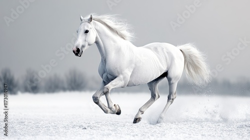 A majestic white horse galloping through a snowy landscape.