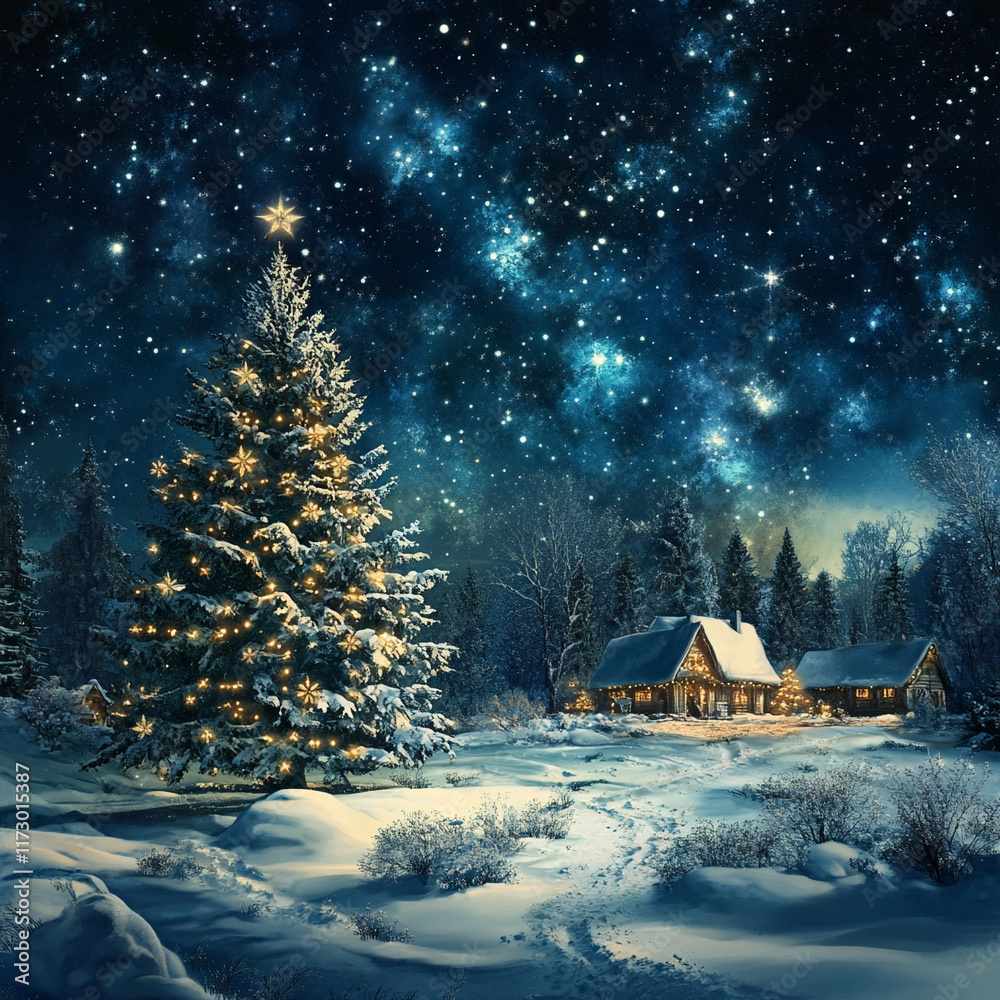Fototapeta premium Christmas and New Year Wishes in the Peace of Snowy Serenity and Starry Skies