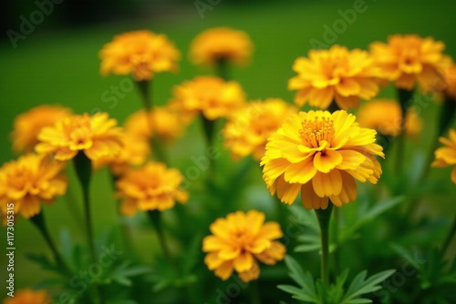 Bright yellow marigold flowers bloom in a garden bed, flowerpower, garden, outdoorflowerbed photo