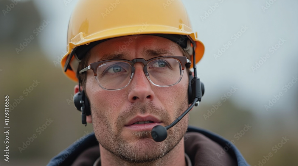 A person wearing a yellow safety helmet, eyeglasses, and a headset with a microphone, standing in an outdoor setting with a blurred background. A person wearing a yellow safety helmet, eyeglasses, and a headset with a microphone, standing in an outdoor setting with a blurred background.