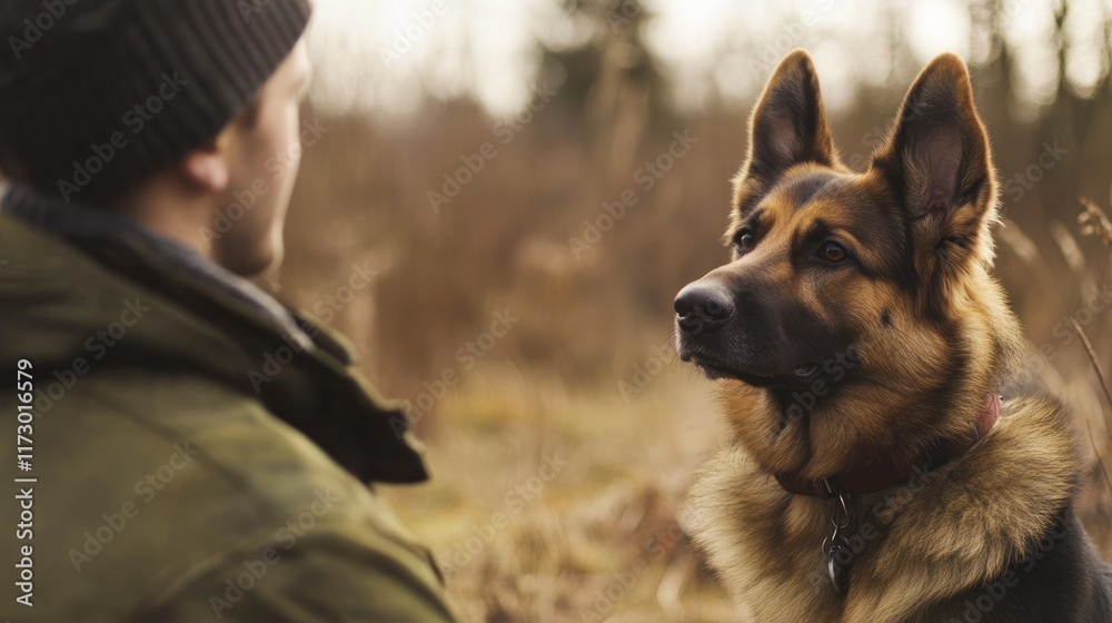 A man and a German Shepherd share a moment in a natural setting. A man and a German Shepherd share a moment in a natural setting.