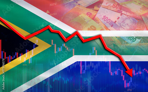 Financial fall of South Africa on economy market. South Africa financial crisis on economic graph