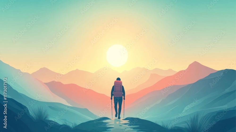 Obraz premium Hiker walking towards sunrise in mountain valley.