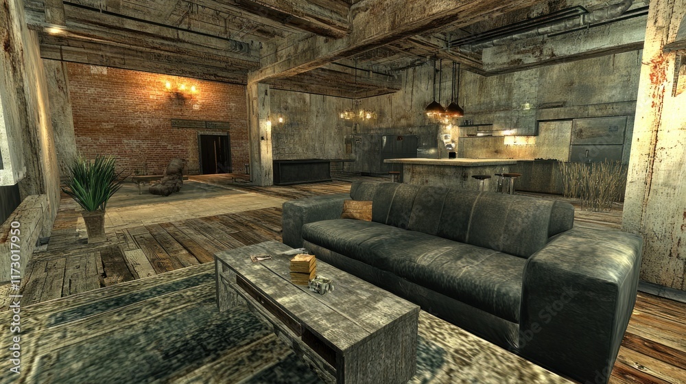 Rustic loft apartment interior with exposed brick, wooden floors, and vintage furniture. Rustic loft apartment interior with exposed brick, wooden floors, and vintage furniture.