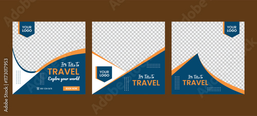 web banner ads for travel promotion .design with blue and yellow color. Set of travel sale social media post template.