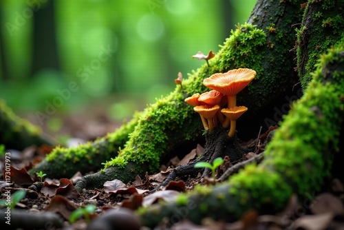 Forest floor with fungal growth and tree roots, greenery, decay, growth photo