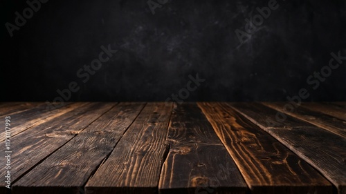 Fotografia Empty wooden table with ample space for text and a sleek black shadow ideal for product displays, advertising, background designs