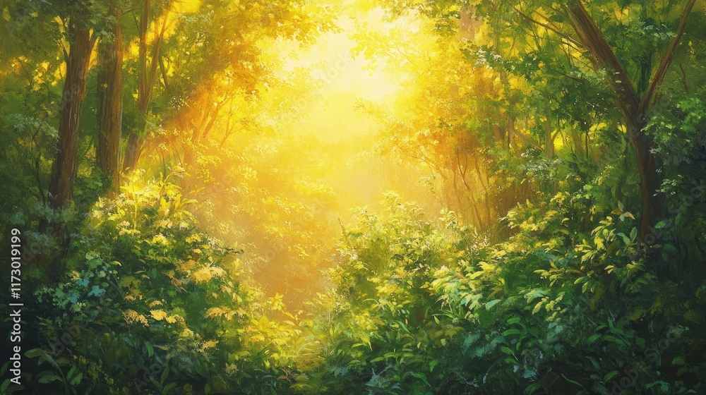 A serene woodland scene with golden sunlight illuminating the dense greenery, creating a tranquil effect A serene woodland scene with golden sunlight illuminating the dense greenery, creating a tranquil effect