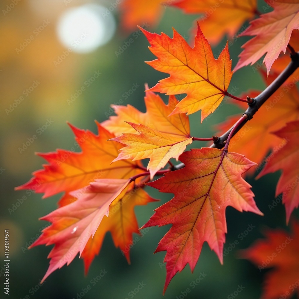 Orange oak leaves entwined with twigs on a wooden branch, fall, color Orange oak leaves entwined with twigs on a wooden branch, fall, color