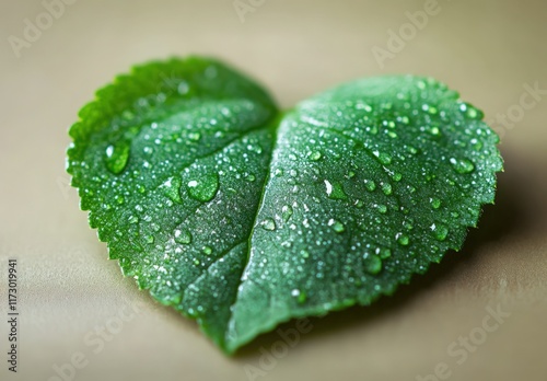 Green leaf with water droplets forming heart shape against abstract background photo