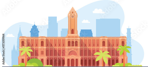 An illustration of a historic Chennai city landmark, featuring the iconic San Thome Basilica, Fort St. George, or the Chennai Marina Beach