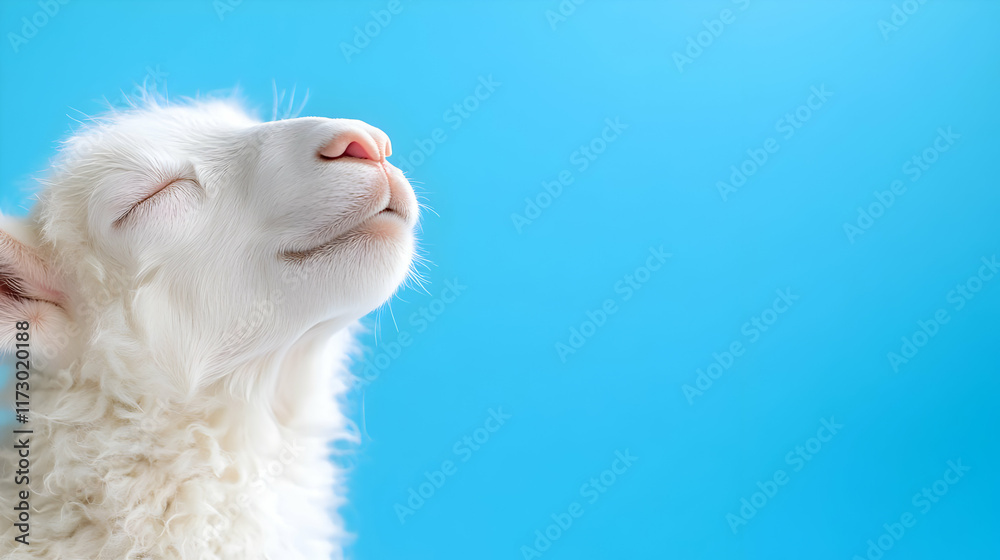 Serene white lamb, eyes closed, peaceful expression against a vibrant blue background; ideal for greeting cards, websites, or children's books Serene white lamb, eyes closed, peaceful expression against a vibrant blue background; ideal for greeting cards, websites, or children's books