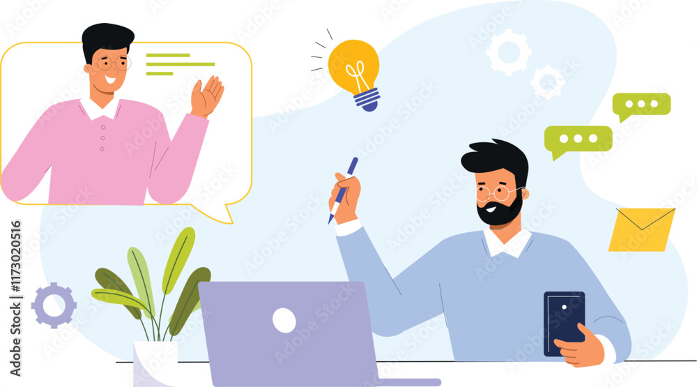 An interactive online learning illustration featuring an engaging virtual class setup, with students participating in a live session via laptops and tablets, digital whiteboards An interactive online learning illustration featuring an engaging virtual class setup, with students participating in a live session via laptops and tablets, digital whiteboards