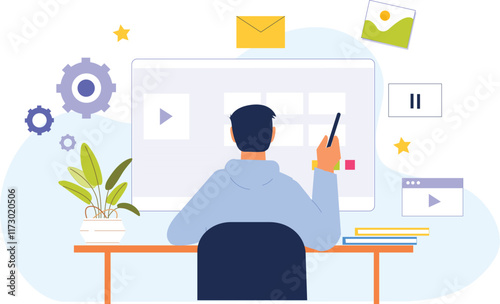 A modern online education illustration featuring students and a teacher engaging through video conferencing tools, with digital learning materials, interactive screens