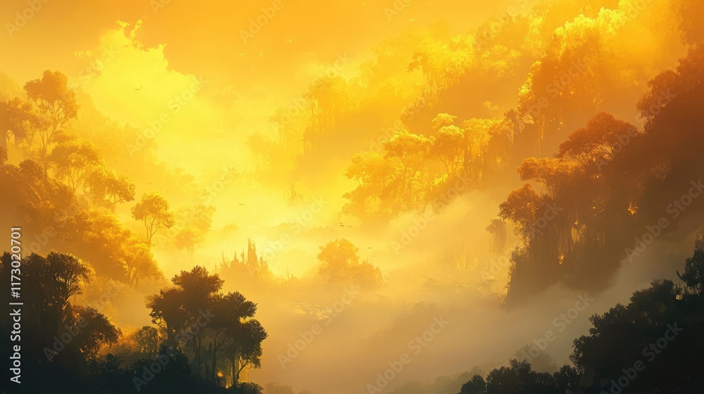 Fototapeta premium A breathtaking view of a golden-lit forest with soft mist clinging to the trees, creating a dreamlike landscape