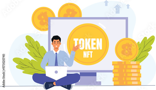 An illustration representing NFTs and digital tokens, featuring vibrant digital assets like tokens and artwork, with futuristic, blockchain-inspired designs