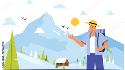 A breathtaking mountain landscape illustration for tourism posters, featuring towering peaks, lush green valleys, and serene lakes