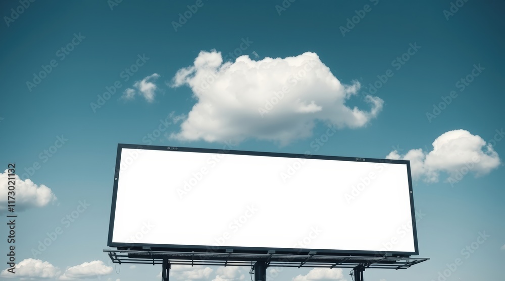 Obraz premium Blank white billboard against a blue sky background.