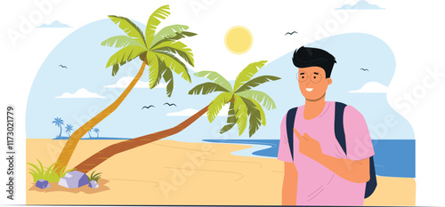A vibrant beachside illustration for Indian coastal tourism, featuring golden sandy beaches, turquoise waters, palm trees, and tourists enjoying the sun, evoking a relaxing and tropical atmosphere.