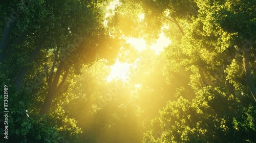 A panoramic view of a dense green forest illuminated by golden sunlight streaming through the canopy, creating a peaceful scene photo