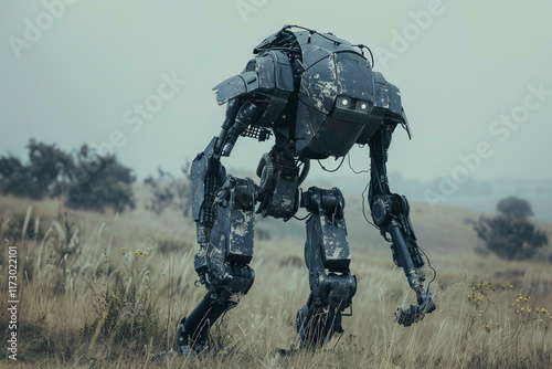 A robot with a face and a head is walking on a path