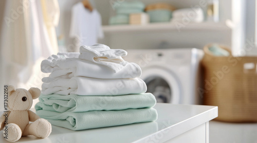 Family Laundry with Folded Clothes and Soft Toys on White Table