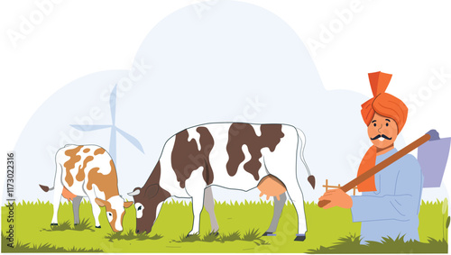 An illustration depicting cattle grazing in a lush field with an Indian farmer tending to them, capturing the essence of rural farming life and traditional agricultural practices.