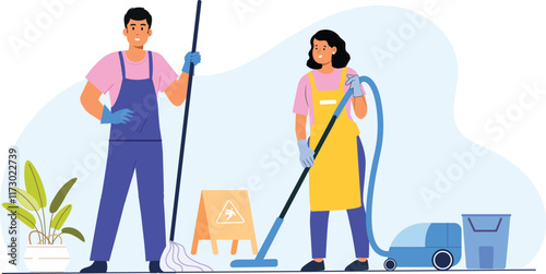Customizable cleaning illustration graphics, featuring diverse cleaning tools like mops, vacuums, and sprays, with adaptable elements like different surfaces
