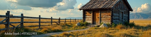 Weathered wooden cabin doors creak open slowly, landscape, gates, field